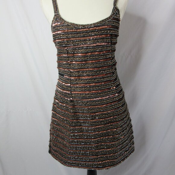 NBD Mini Cocktail Dress Black Copper Sequins Beading Stripes Tank Size Small - Picture 2 of 11